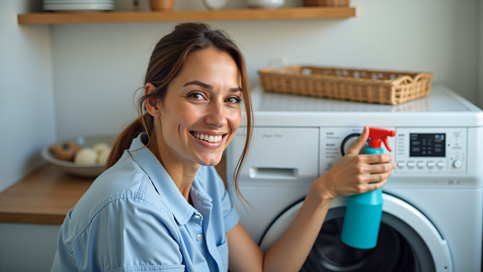 Mulher higienizando máquina de lavar roupas.