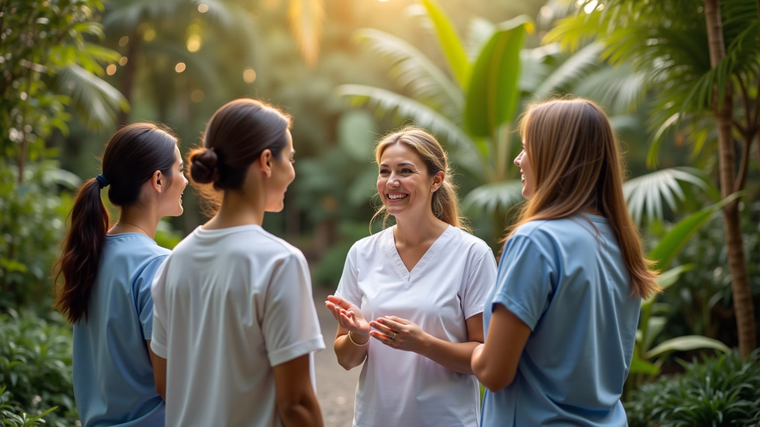 Pacientes sorrindo em jardim exuberante de clínica de recuperação.