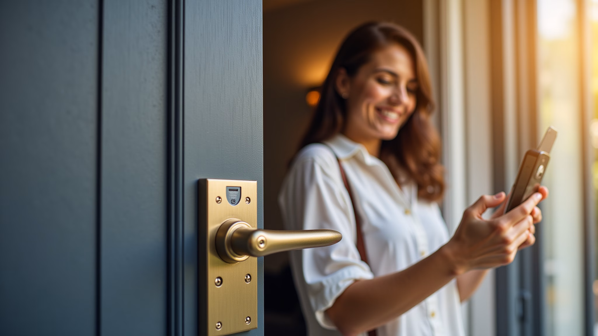 Entrada segura de casa brasileira com porta reforçada e mulher sorrindo.