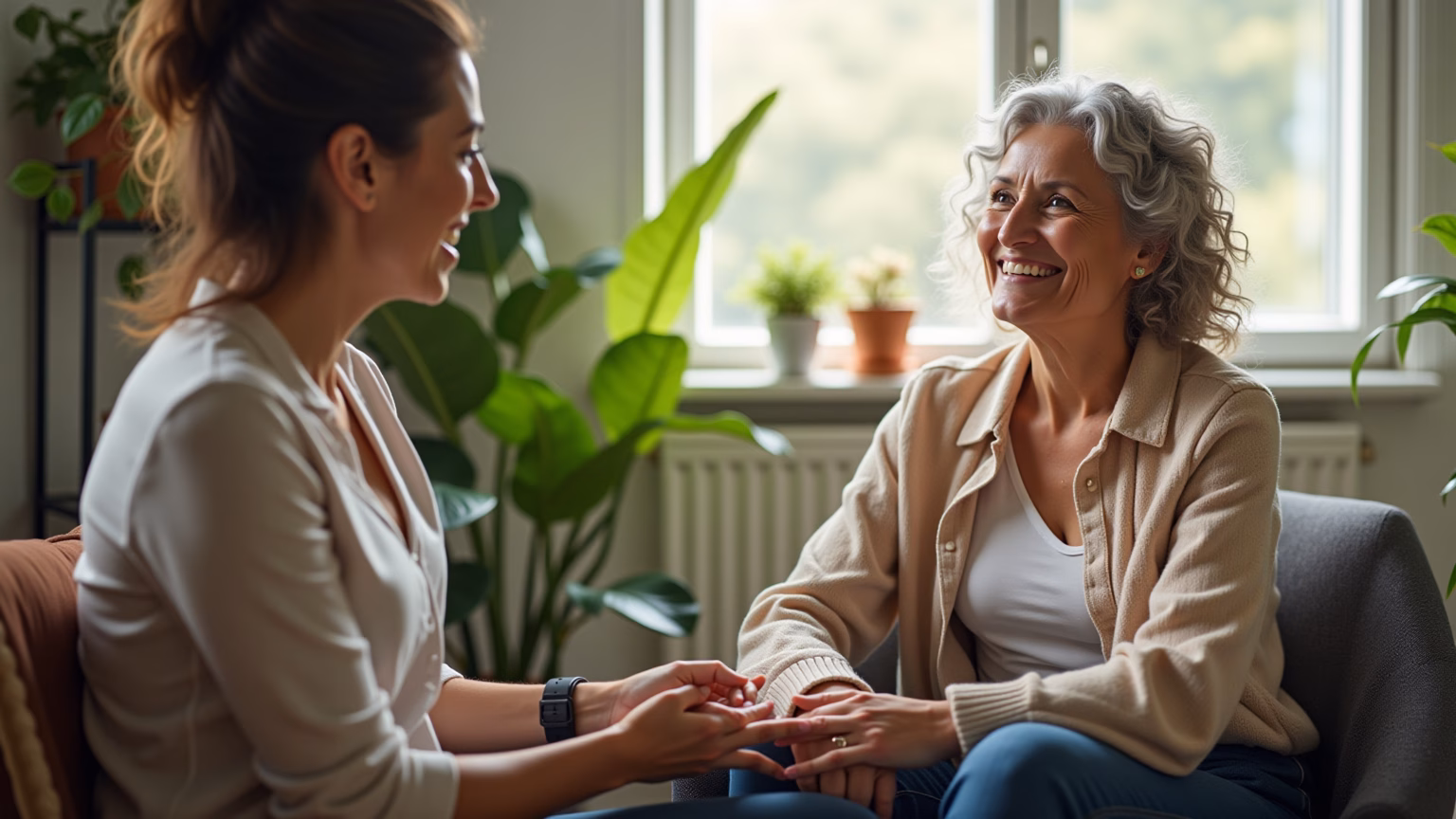 Psicóloga sorrindo para paciente em consultório acolhedor.