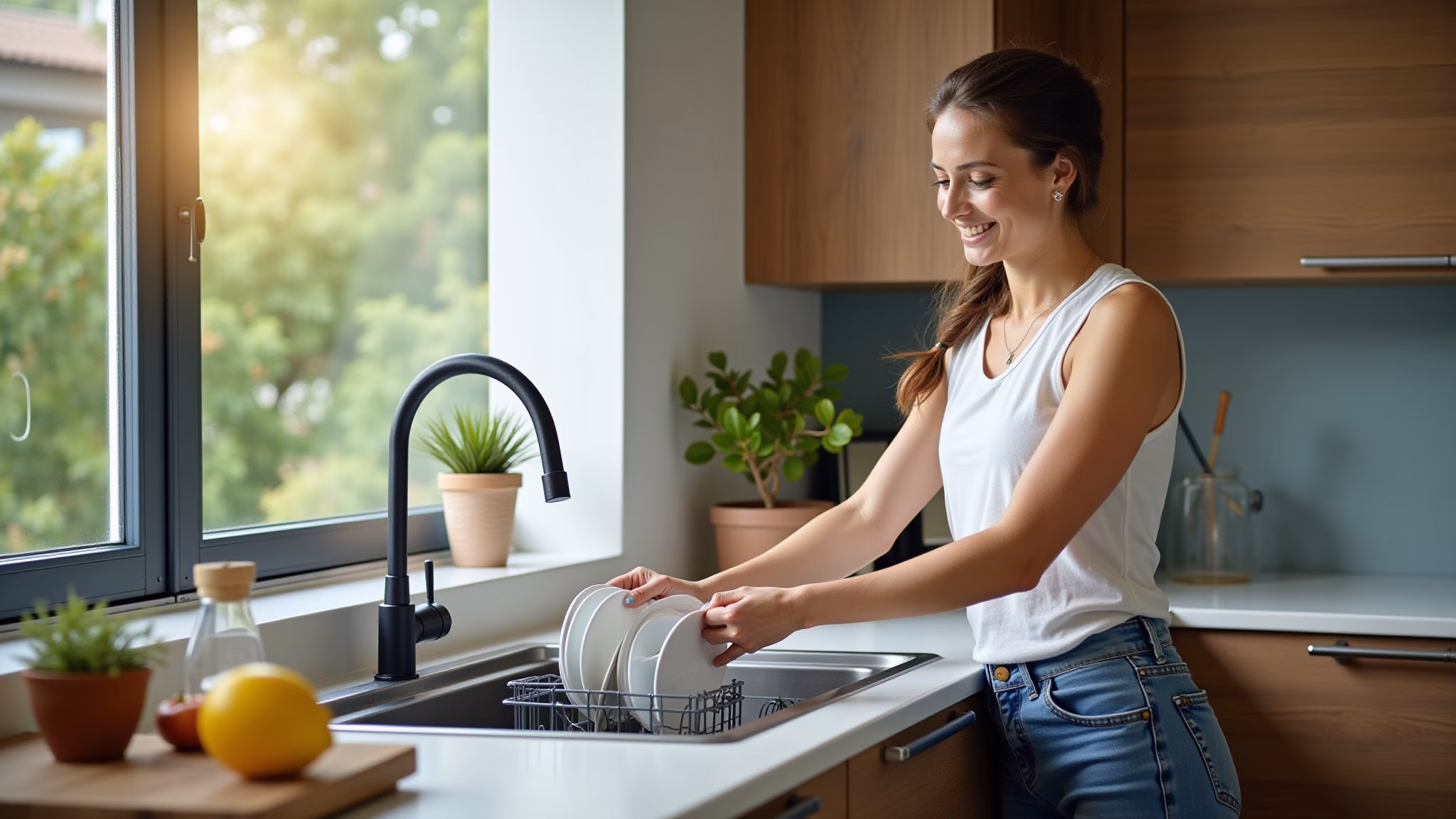 Mulher sorrindo instalando louça na lava-louças ao lado da pia em cozinha moderna.