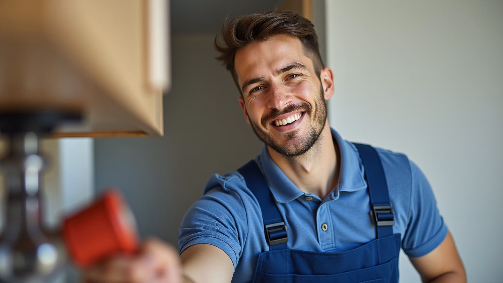 Desentupidor sorrindo e resolvendo entupimento em Alphaville.
