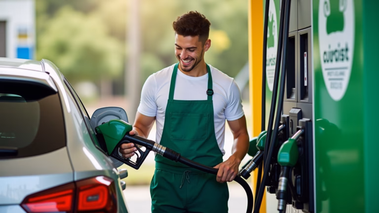 Abastecimento de carro com GNV em posto brasileiro, mostrando economia.