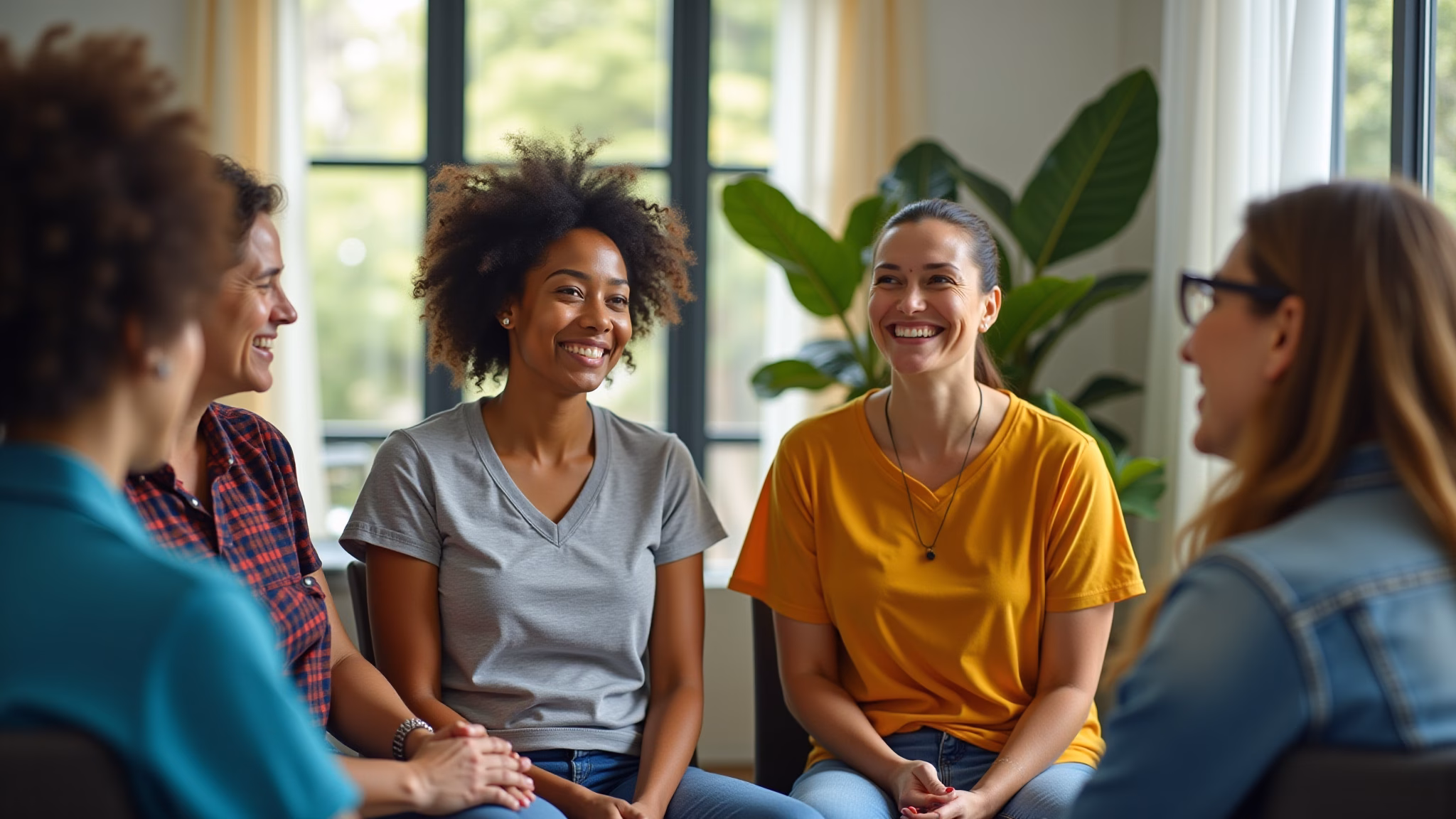 Sessão de terapia em grupo em clínica de dependência química, com foco em comorbidades.