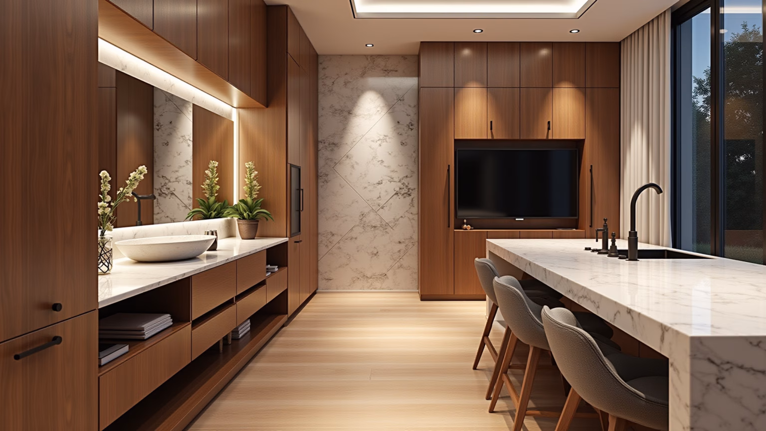 Acabamentos de alto padrão valorizando o interior de uma casa brasileira moderna.