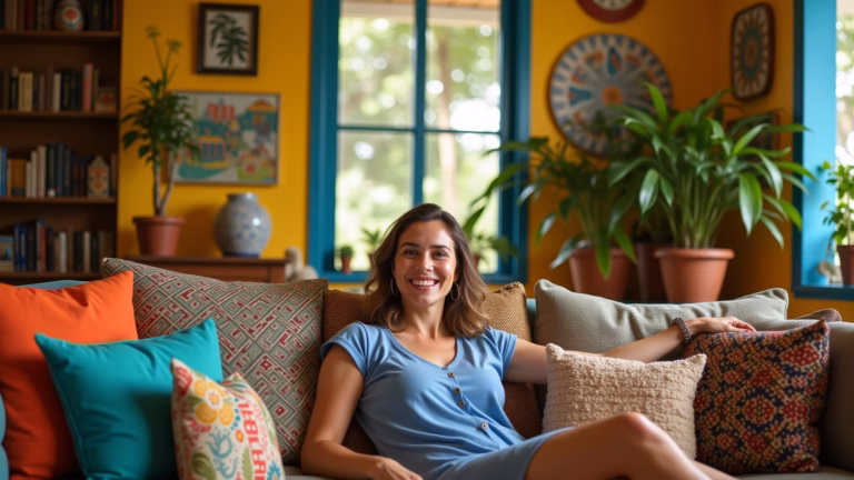 Sala de estar vibrante decorada em estilo brasileiro com móveis coloridos.