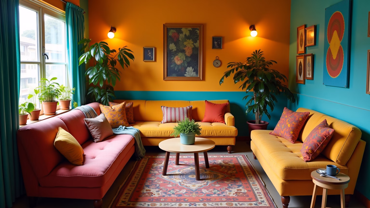 Sala de estar vibrante e aconchegante com decoração brasileira.