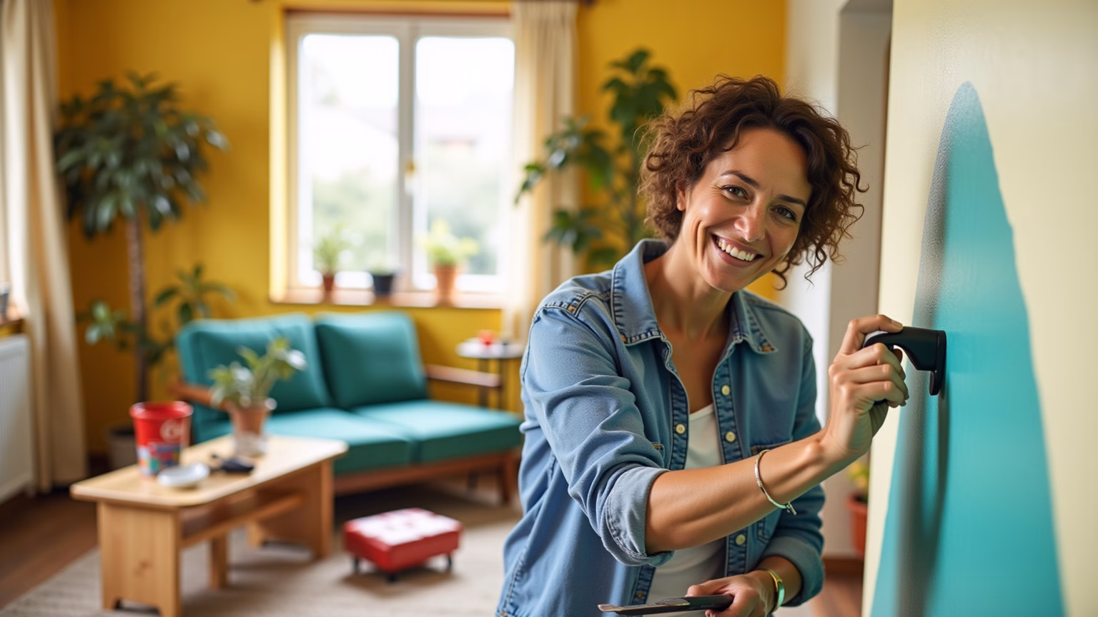 Reforma de casa: sala de estar vibrante com mulher sorrindo.