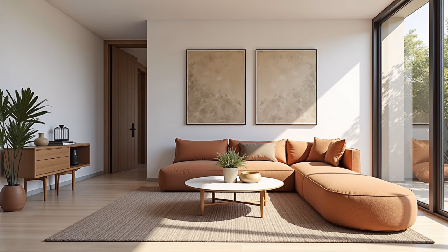 Sala pequena decorada para parecer maior com cores claras e espelhos.