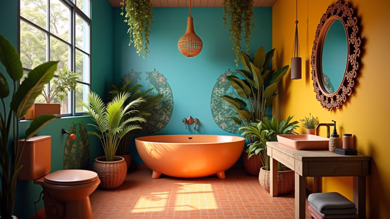 Banheiro decorado com estilo brasileiro vibrante e acolhedor.