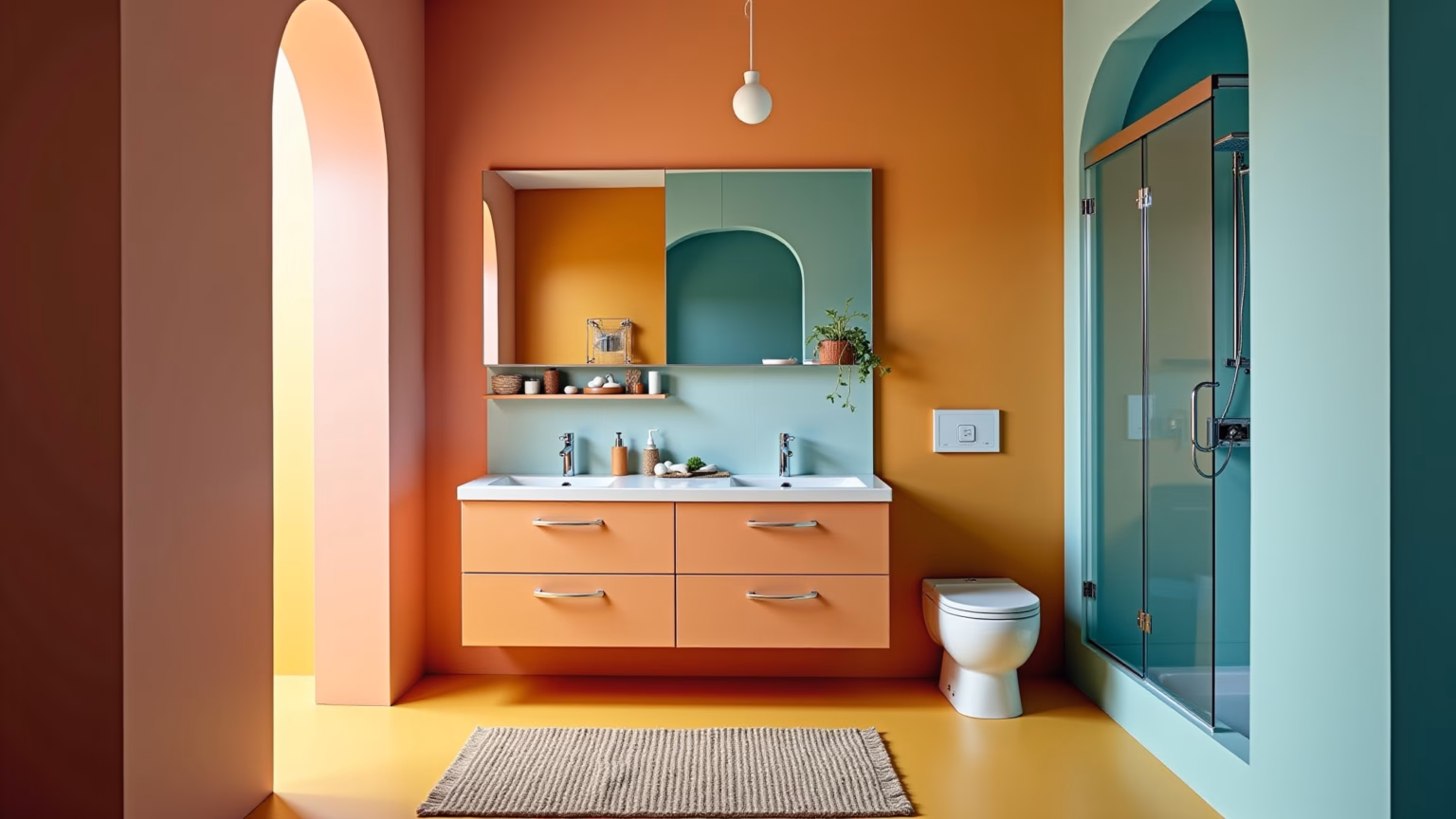 Banheiro pequeno otimizado com cores vibrantes e soluções inteligentes.