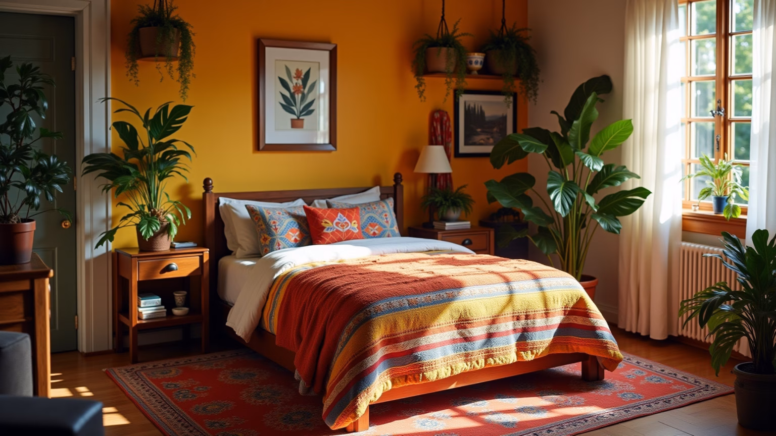 Quarto aconchegante com decoração vibrante em estilo brasileiro.