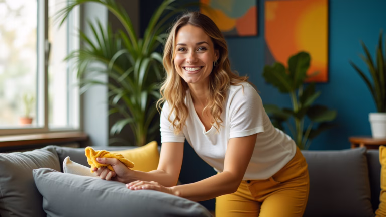 Mulher sorrindo limpa sofá de tecido com pano em sala decorada.