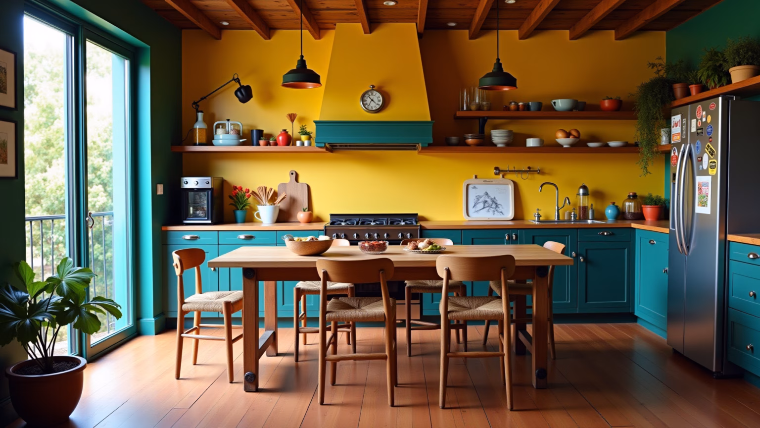 Cozinha americana simples, vibrante e colorida em estilo brasileiro.