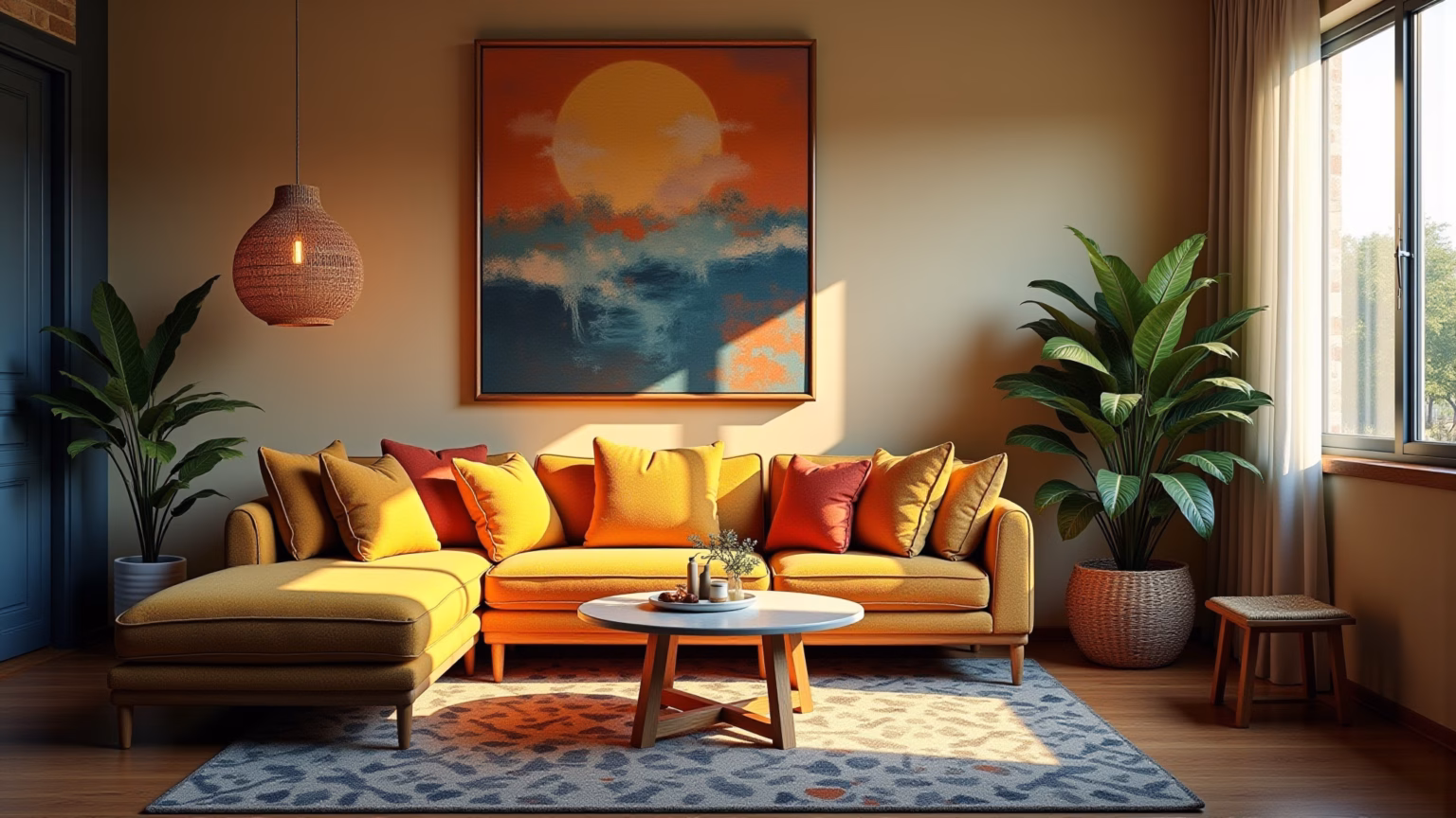 Sala de estar brasileira decorada com quadros diversos e vibrantes.