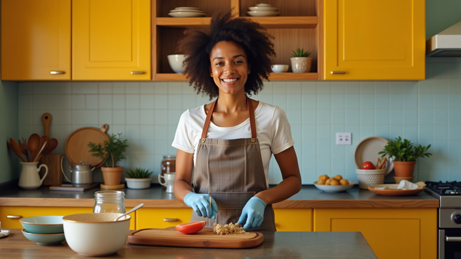 Cozinha amarela vibrante com armários amarelos e decoração brasileira.