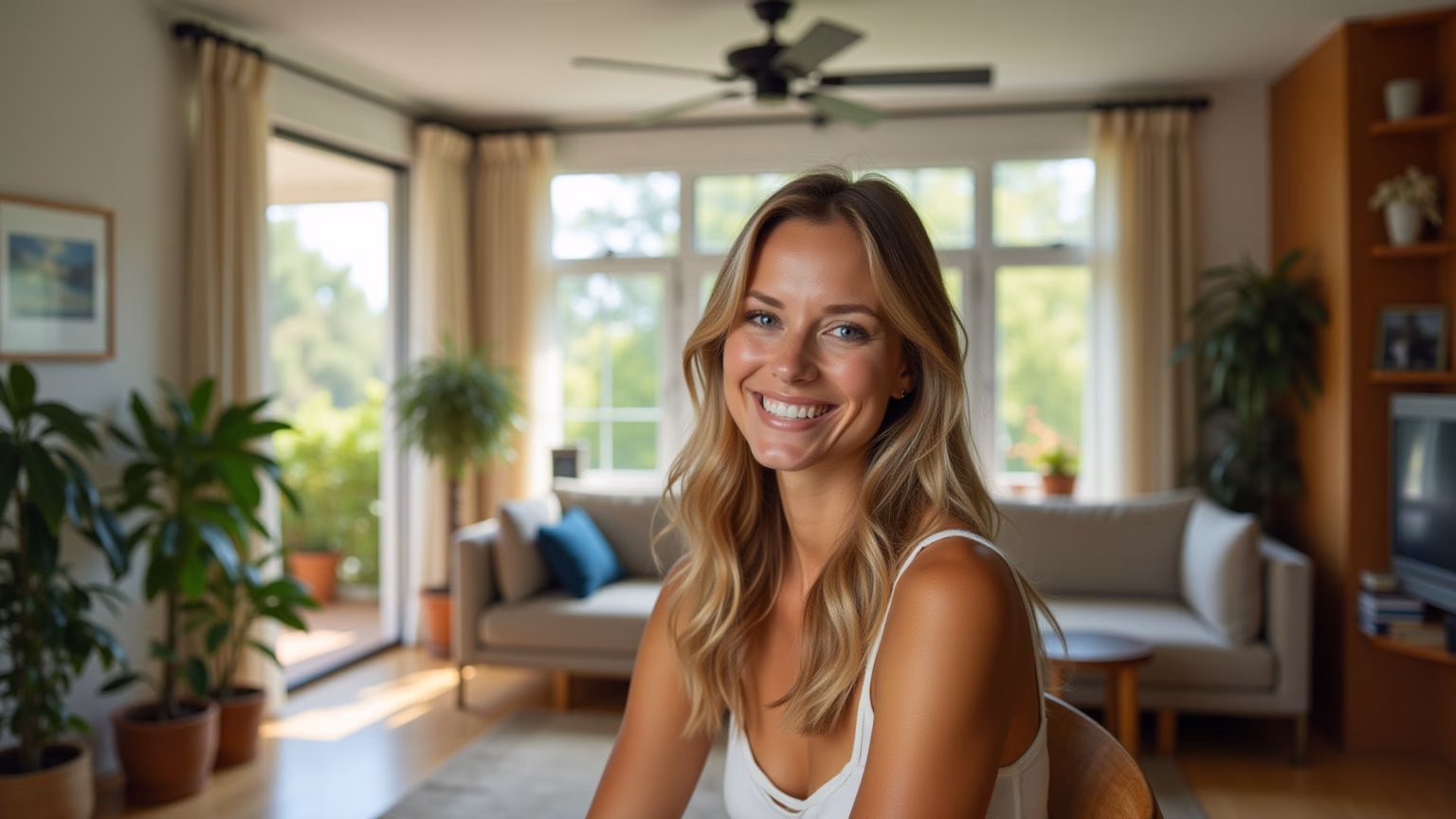 Ventilador de Teto: 5 Dicas Para Não Errar na Compra Mulher sorrindo em sala iluminada com ventilador de teto.