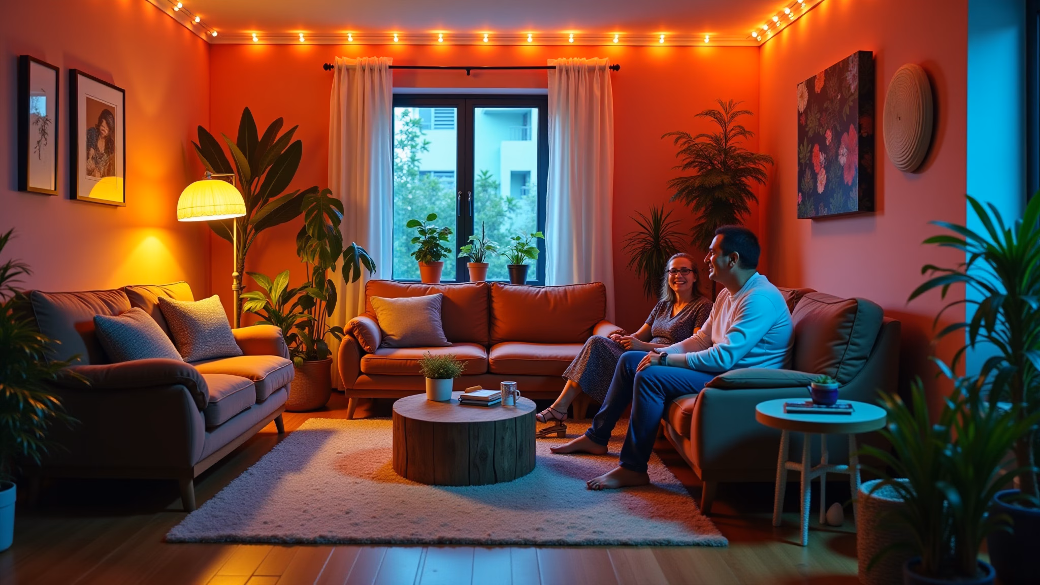 Sala moderna com iluminação LED e decoração brasileira vibrante.