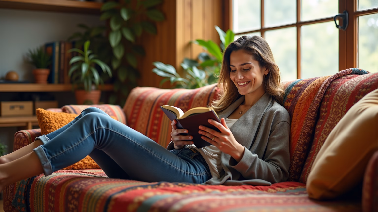 Sala aconchegante com manta colorida no sofá, estilo brasileiro.