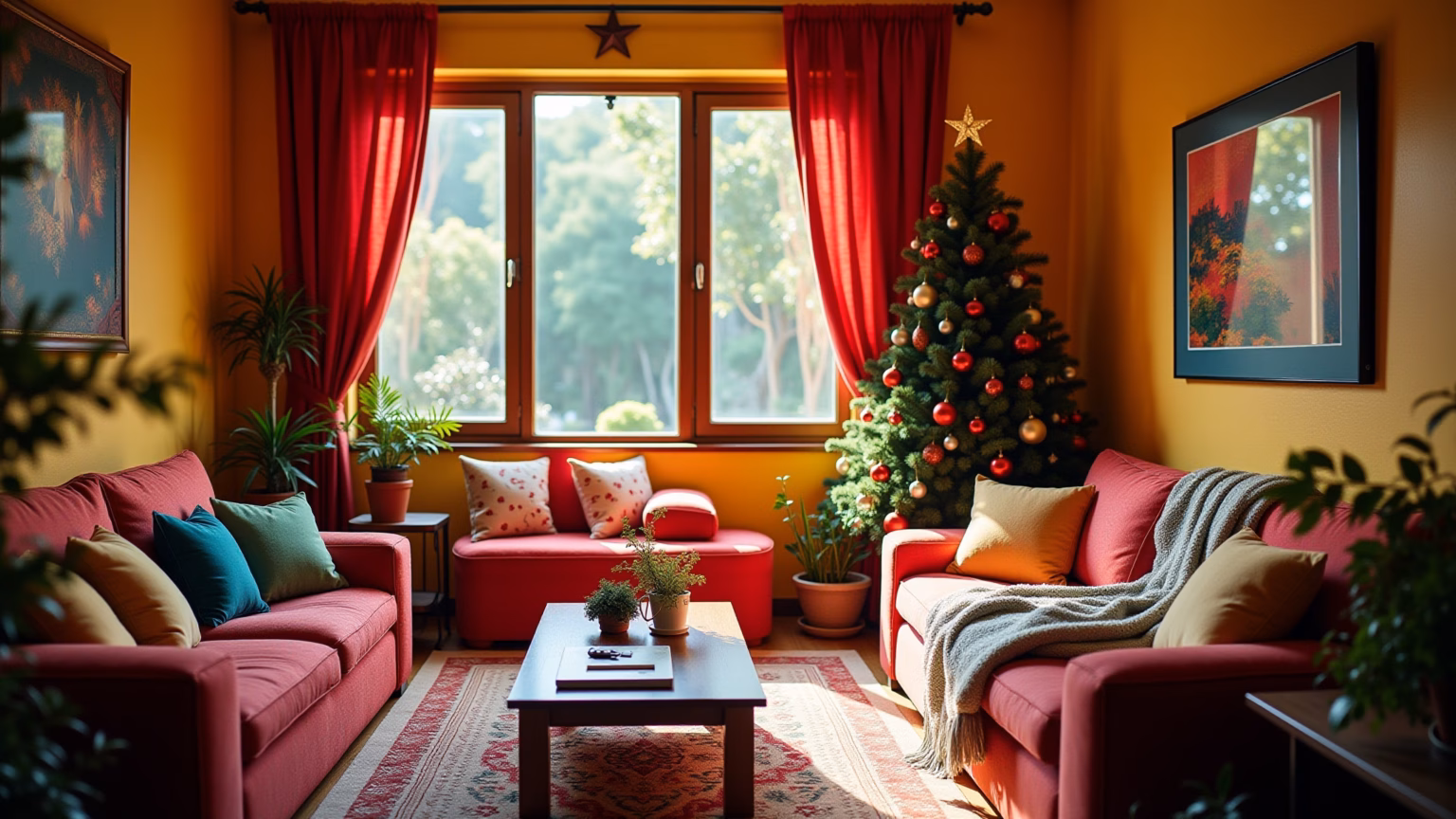 Sala decorada para o Natal com estilo brasileiro vibrante.