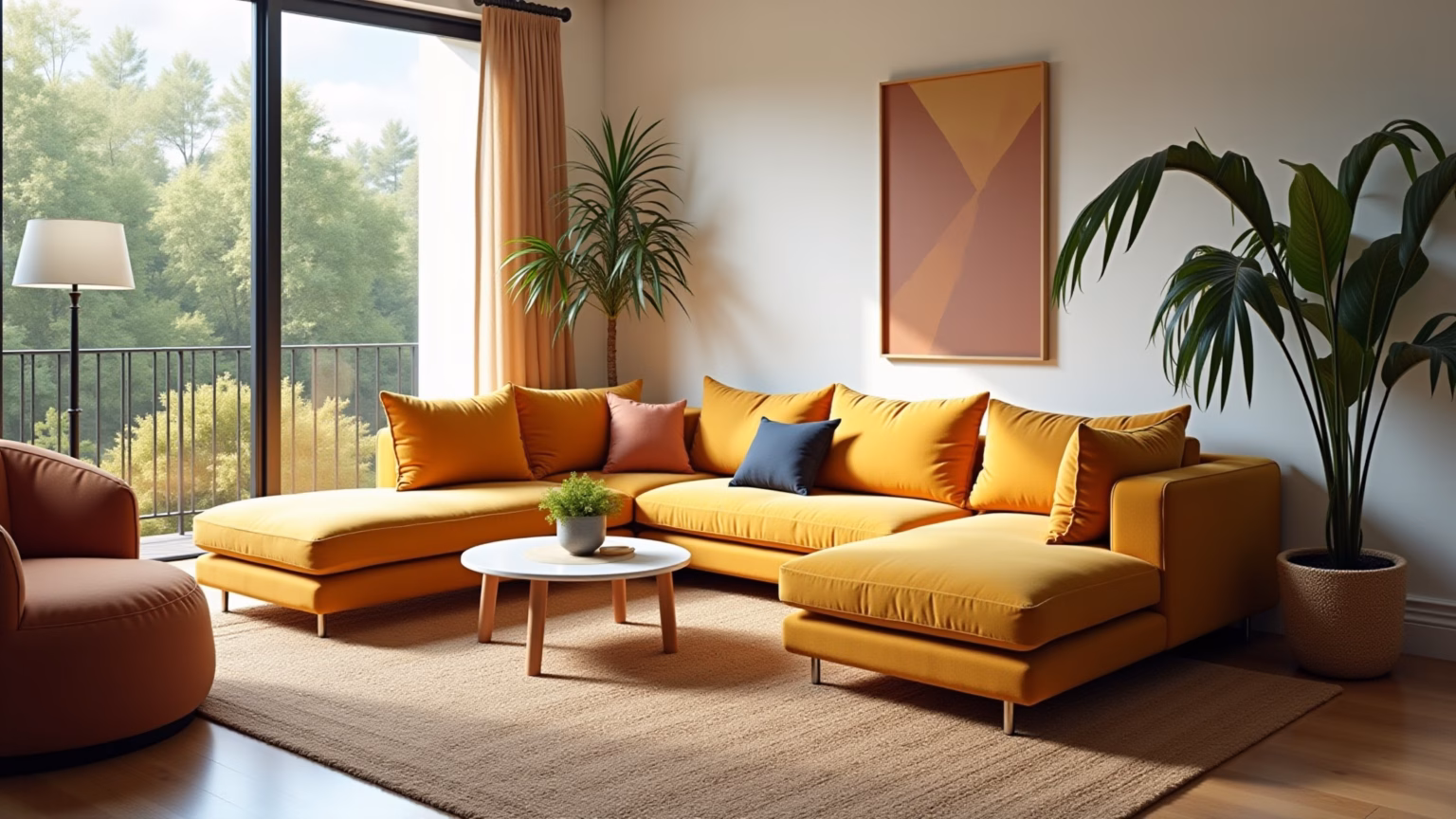 Sala com sofá modular e decoração brasileira vibrante.