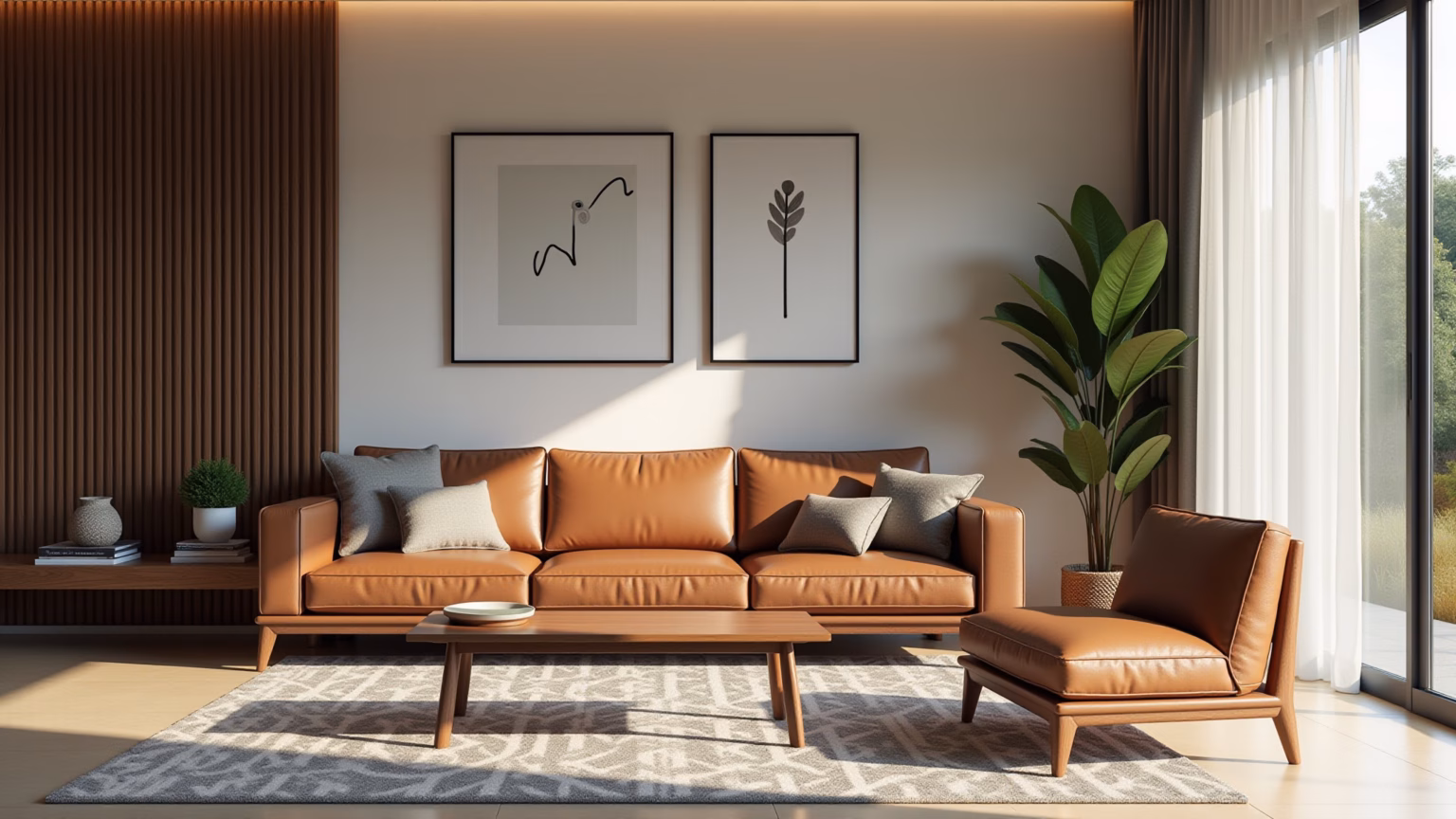 Sala masculina com decoração minimalista e toques de sobriedade.