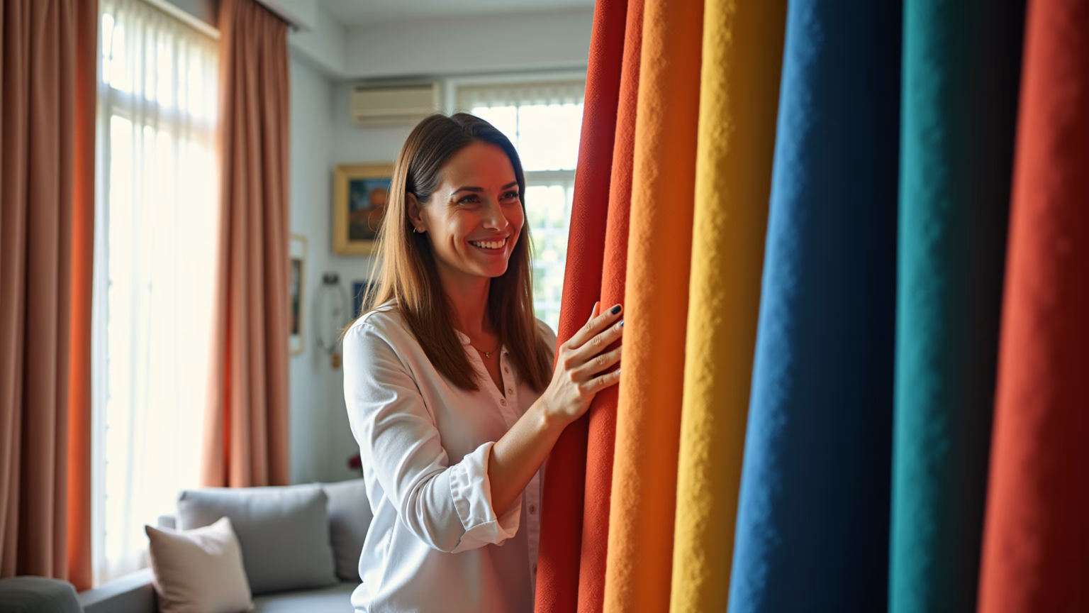 Sala de estar com diferentes tipos de cortinas e decoração brasileira.