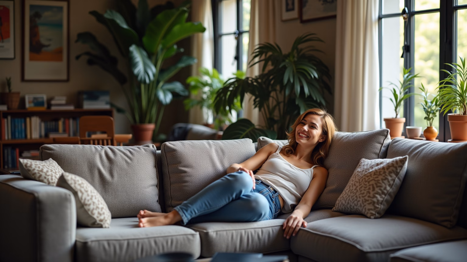 Elegante sala de estar em preto e branco com toques vibrantes.