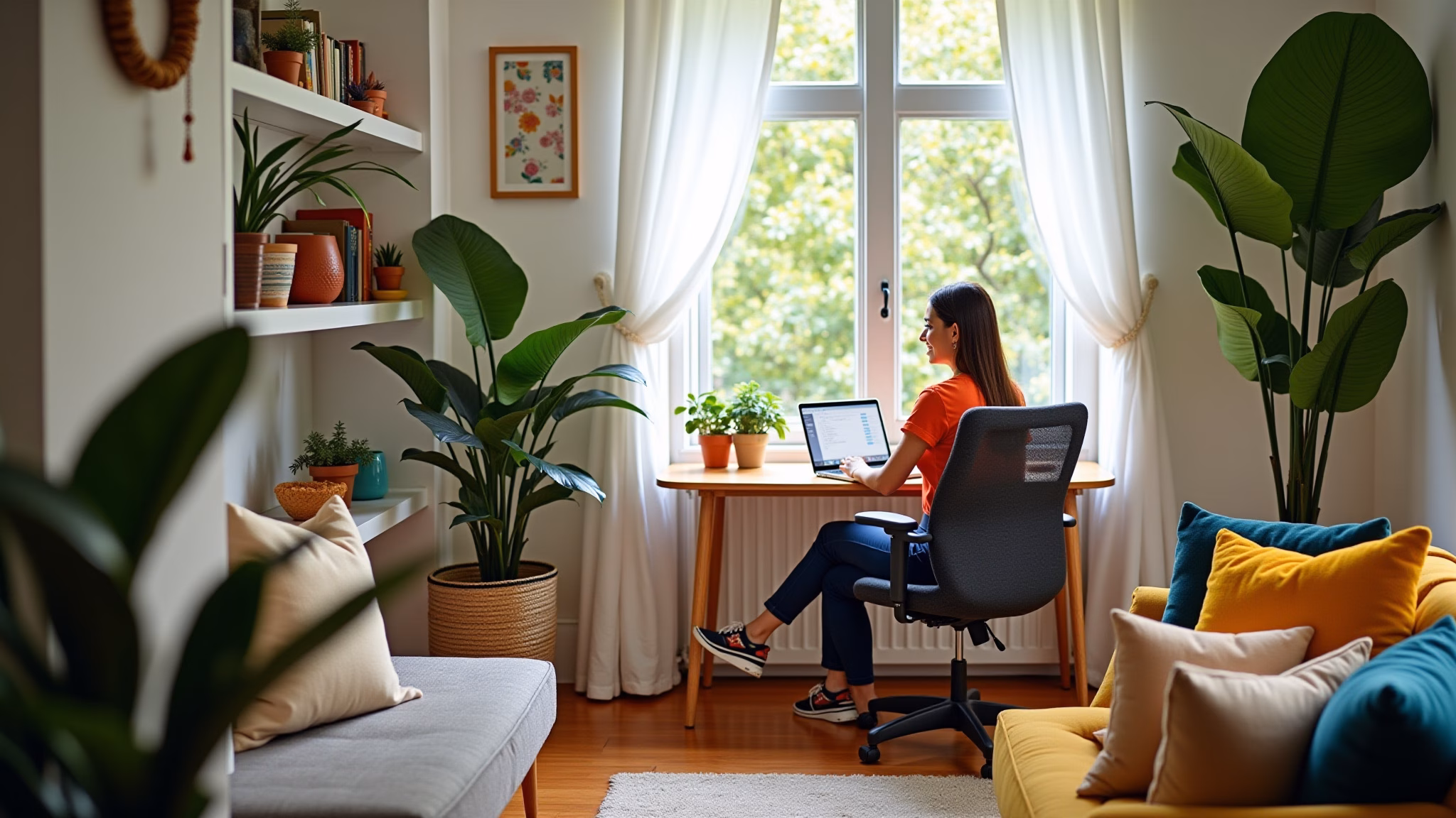 Home office integrado à sala de estar com decoração brasileira vibrante.
