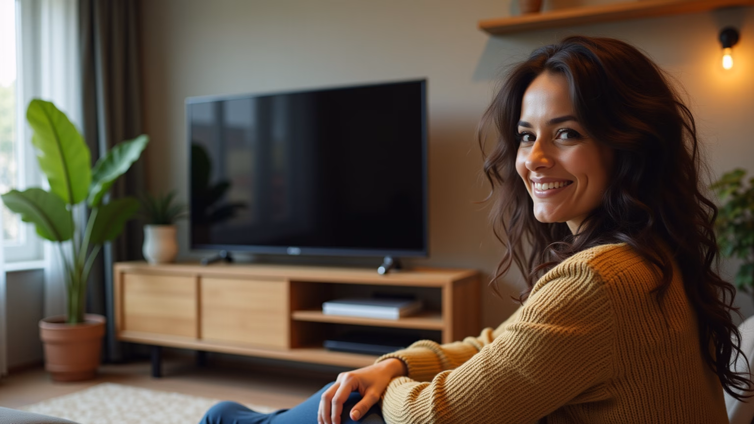 Rack de TV de madeira maciça clara com detalhes em metal em sala vibrante.
