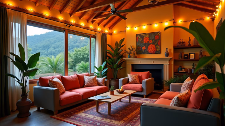 Sala decorada com fio de fada, estilo Farm Rio.