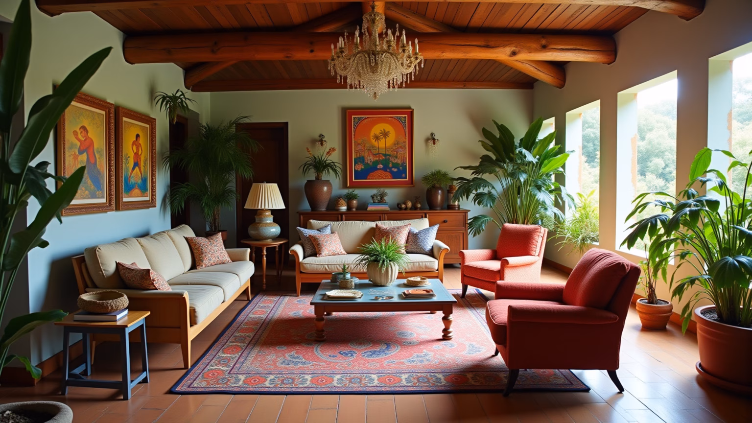 Sala grande e vibrante decorada para não parecer vazia.