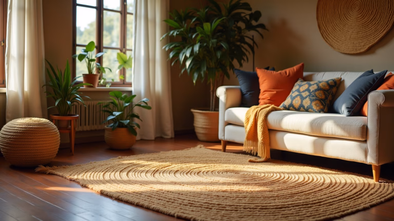 Sala de estar com tapete de sisal e decoração brasileira vibrante.
