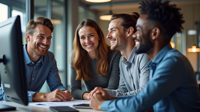 Equipe diversa trabalhando em sistema de gestão de pessoas.