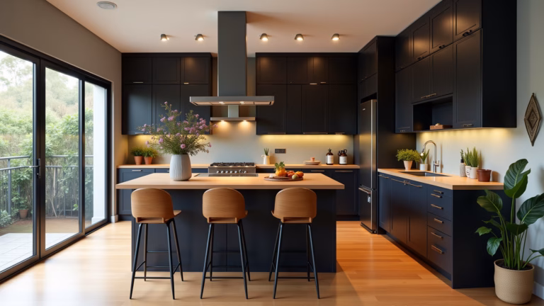 Cozinha preta e madeira sofisticada com design brasileiro vibrante.