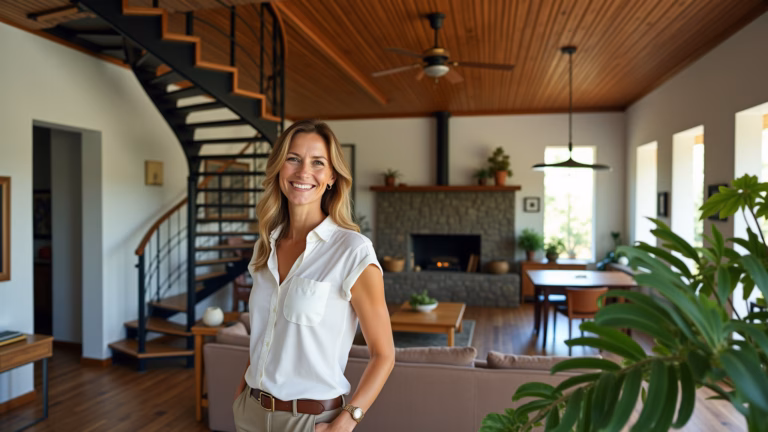 Sala de estar vibrante com escada de ferro e decoração brasileira.