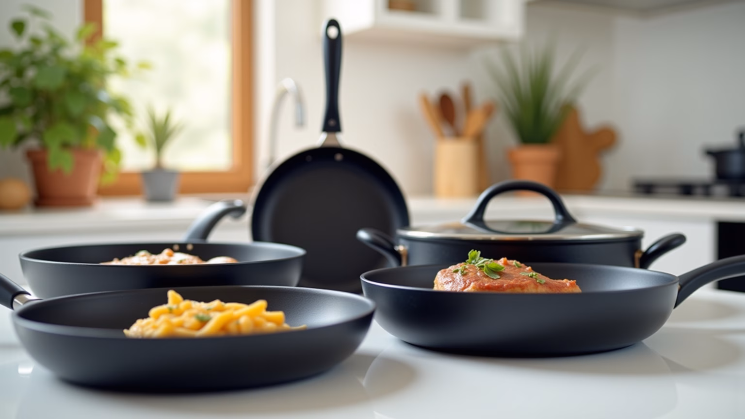 Dicas Essenciais para Escolher suas Melhores Panelas Antiaderentes: Guia Definitivo Variedade de panelas antiaderentes em uma cozinha moderna.