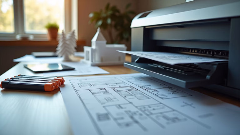 Impressora a laser imprimindo planta de arquitetura com toners visíveis.