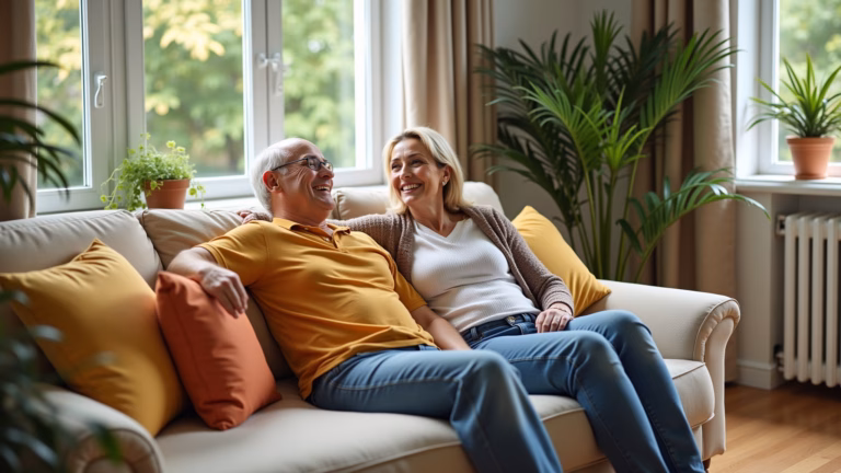 Sala de estar vibrante com sofá retrátil bege e decoração brasileira.