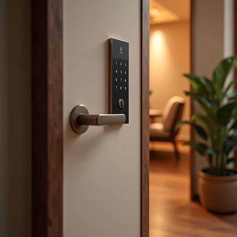 Fechadura digital com maçaneta em porta de apartamento moderno com decoração brasileira.