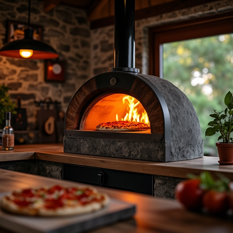 Forno de pizza a lenha Venâncio FG 55 em área de churrasco rústica.