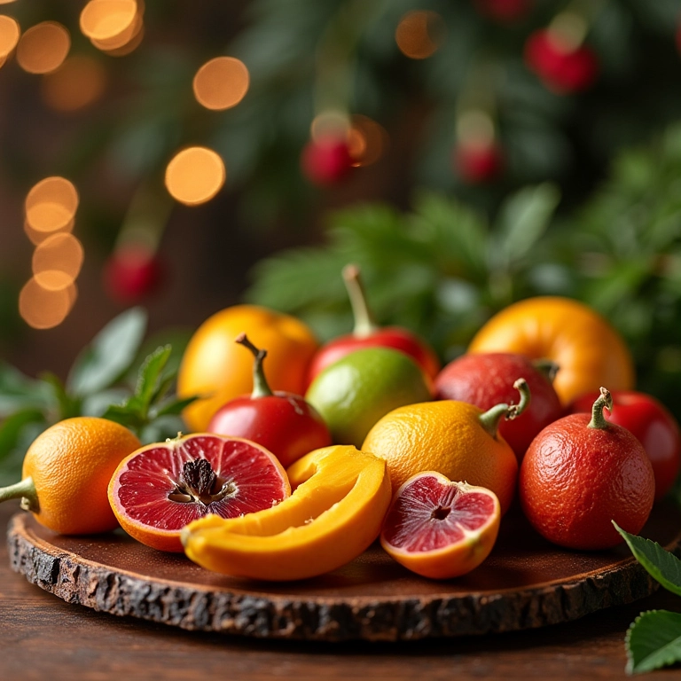 Frutas da época em uma mesa de Natal, com sabores e cores vibrantes.