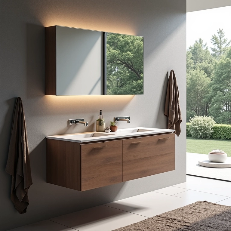 Gabinete de banheiro de 60cm com design minimalista e toques brasileiros.