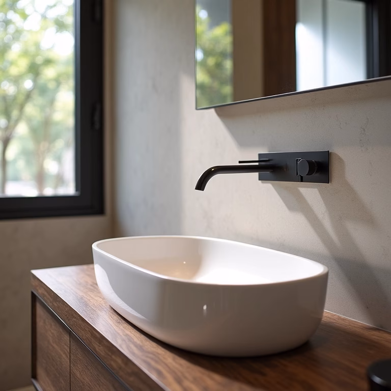 Gabinete de banheiro moderno com cuba de apoio e torneira cascata.