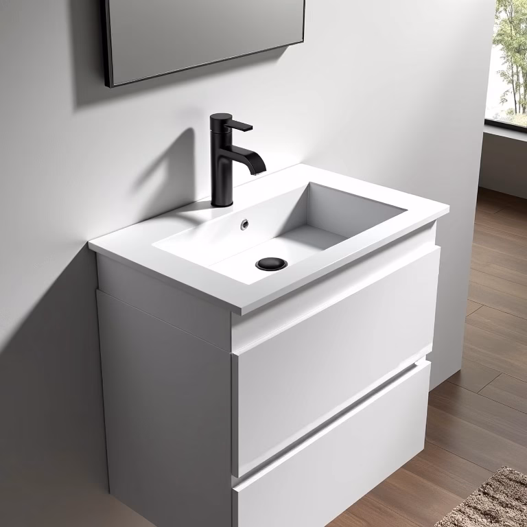 Gabinete de banheiro moderno de 60cm com cuba de apoio e torneira cascata.