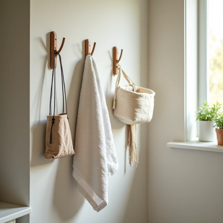 Ganchos e cabides para organização vertical no lavabo.