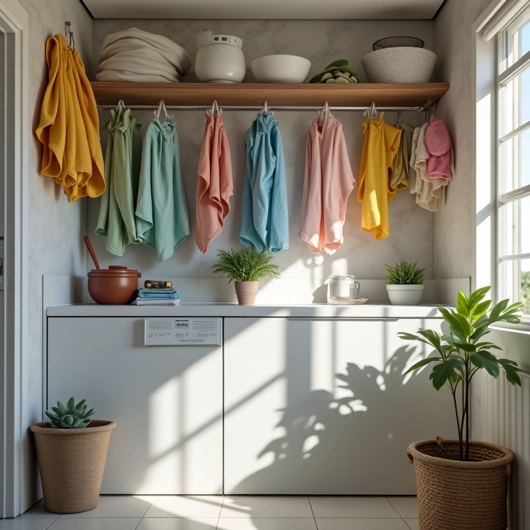 Ganchos e varões na área de serviço para pendurar itens.