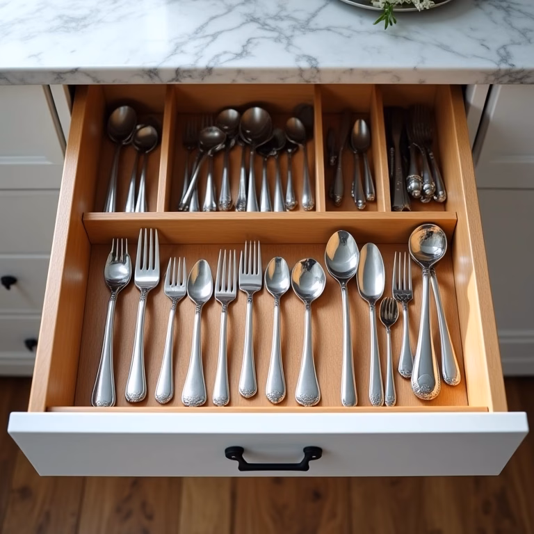 Gaveta de cozinha aberta mostrando talheres perfeitamente organizados com diversos organizadores.