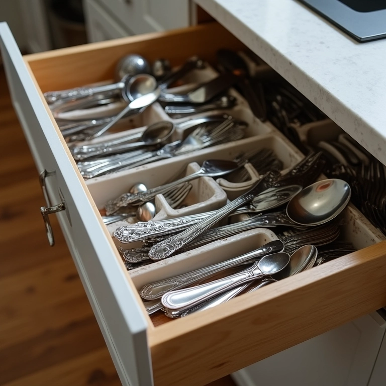 Gaveta de talheres aberta com utensílios desorganizados e divisórias transbordando.