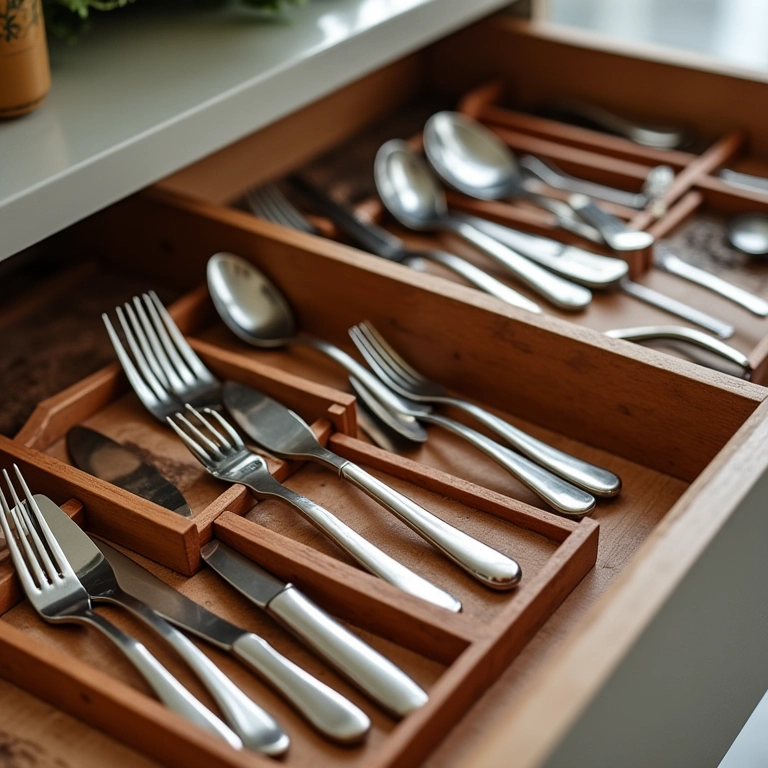 Gaveta de talheres com caixas organizadoras charmosas.
